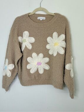 Threaded Leaf Beige 3D Daisy Appliqué Knit Sweater Crewneck S Flaw